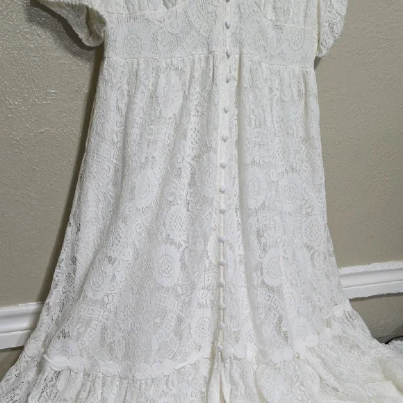 By The River Elegant White Lace Dress‎ Midi Casual Wedding Size Large V-neck - Picture 6 of 15